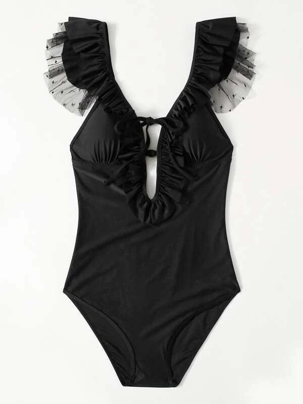 CM-SWS022989 Women Trendy Seoul Style Ruffle Trim Tie Front One Piece Swimsuit - Black