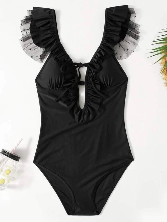 CM-SWS022989 Women Trendy Seoul Style Ruffle Trim Tie Front One Piece Swimsuit - Black