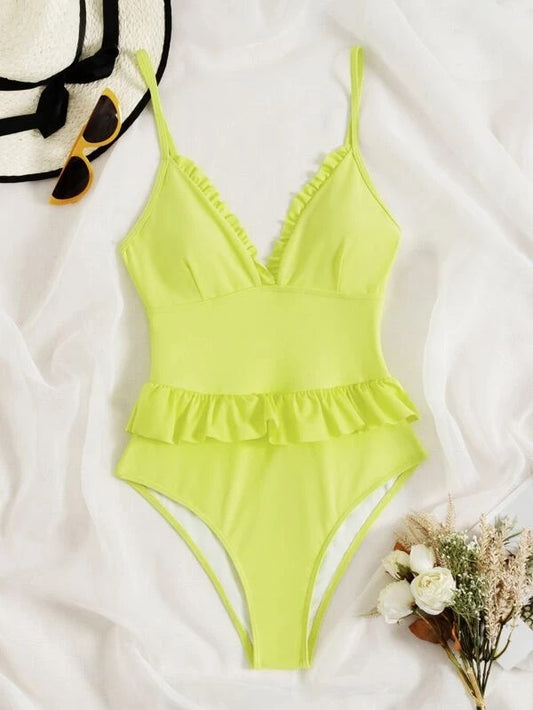 CM-SWS124893 Women Trendy Seoul Style Ruffle Trim One Piece Swimsuit - Lime Green