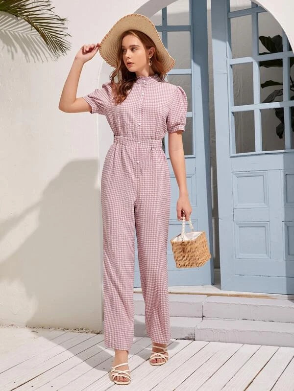 CM-JS216772 Women Casual Seoul Style Puff Sleeve Gingham Frill Shirt Jumpsuit - Dusty Pink