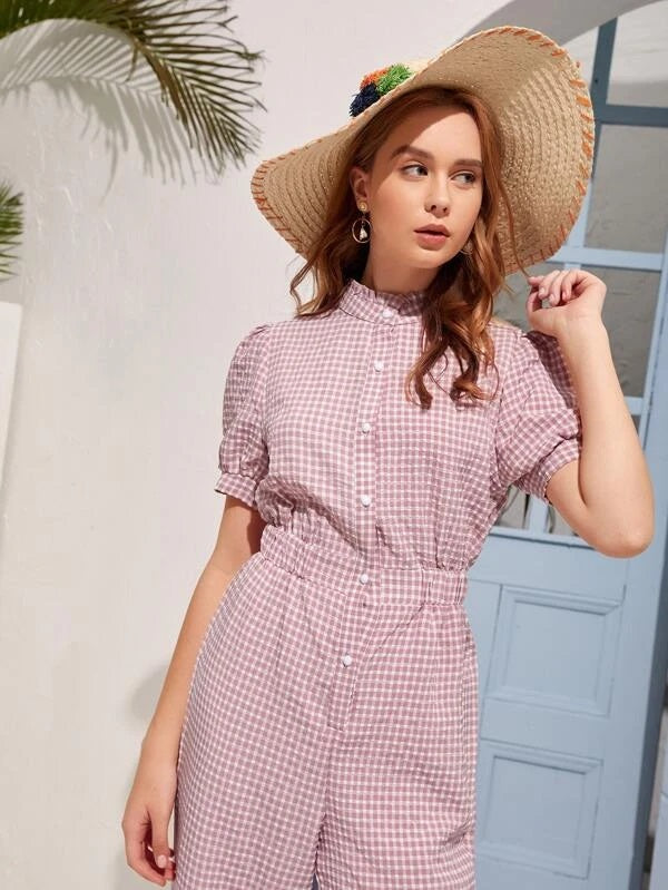 CM-JS216772 Women Casual Seoul Style Puff Sleeve Gingham Frill Shirt Jumpsuit - Dusty Pink
