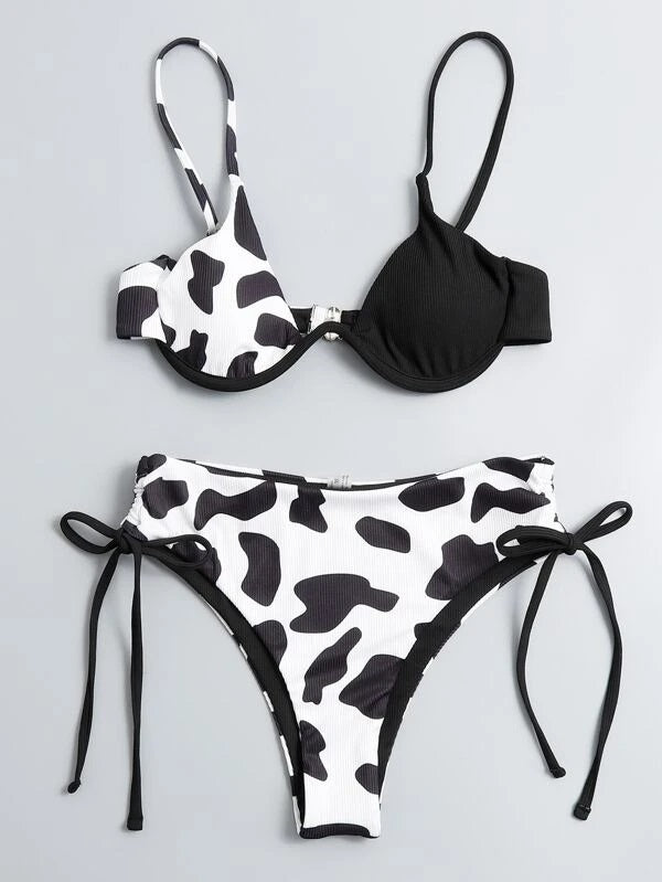 CM-SWS221007 Women Trendy Seoul Style Cow Print Underwire Bikini Swimsuit