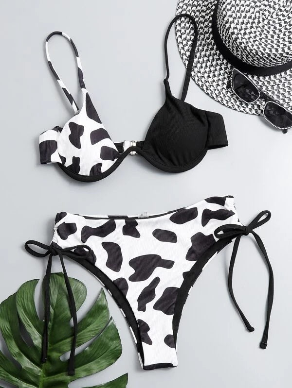 CM-SWS221007 Women Trendy Seoul Style Cow Print Underwire Bikini Swimsuit