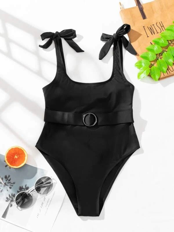 CM-SWS215602 Women Trendy Seoul Style Ring Decor Tie Shoulder One Piece Swimsuit - Black