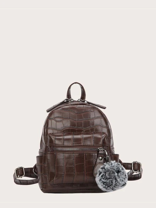 CM-BGS105388 Women Trendy Seoul Style Pom Pom Charm Croc Embossed Backpack