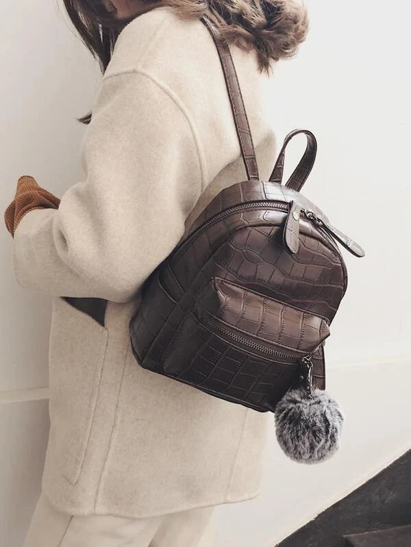 CM-BGS105388 Women Trendy Seoul Style Pom Pom Charm Croc Embossed Backpack