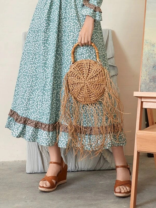 CM-BGS215060 Women Trendy Bohemian Style Fringe Trim Straw Bag - Apricot