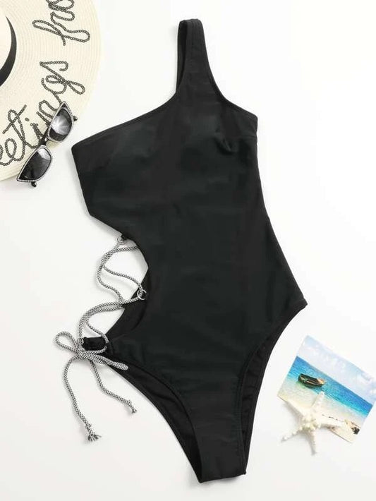 CM-SWS106621 Women Trendy Seoul Style Cut-Out Knot One Shoulder One Piece Swimsuit - Black