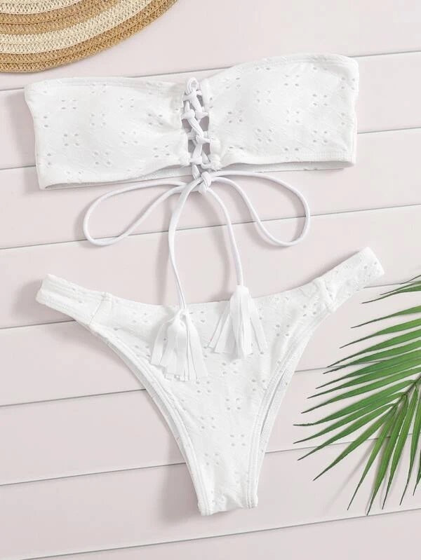 CM-SWS201402 Women Trendy Seoul Style Schiffy Lace-Up Bandeau Bikini Swimsuit - White