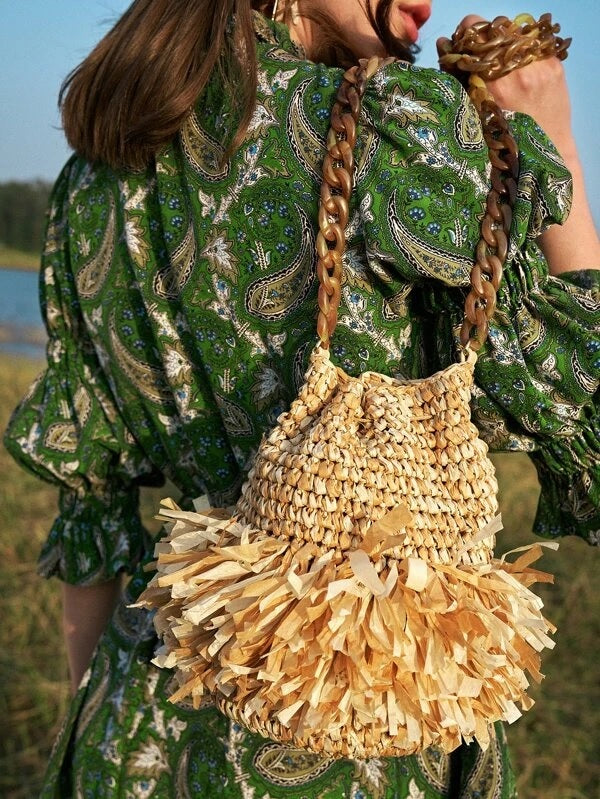 CM-BGS215141 Women Trendy Bohemian Style Straw Chain Crossbody Bag - Apricot