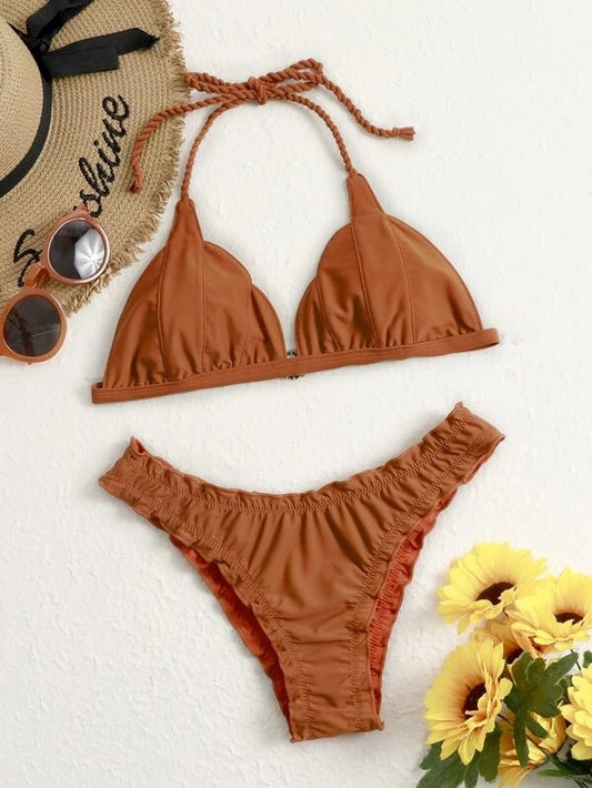 CM-SWS221264 Women Trendy Seoul Style Braided Strap Halter Bikini Swimsuit - Brown