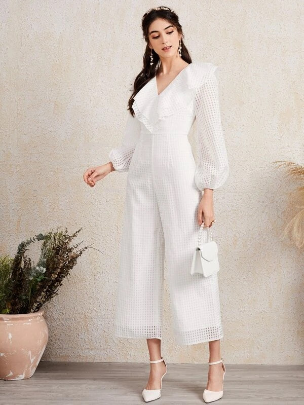CM-JS224249 Women Elegant Seoul Style Layered Ruffle Collar Bishop Sleeve Mesh Jumpsuit - White