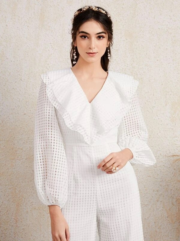 CM-JS224249 Women Elegant Seoul Style Layered Ruffle Collar Bishop Sleeve Mesh Jumpsuit - White