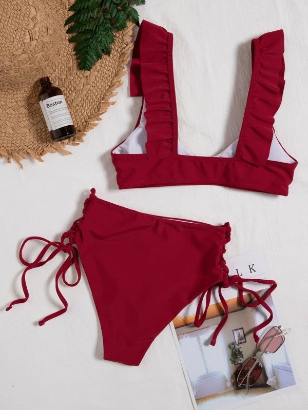 CM-SWS202943 Women Trendy Seoul Style Ruffle Trim Tie Side Bikini Swimsuit - Wine Red