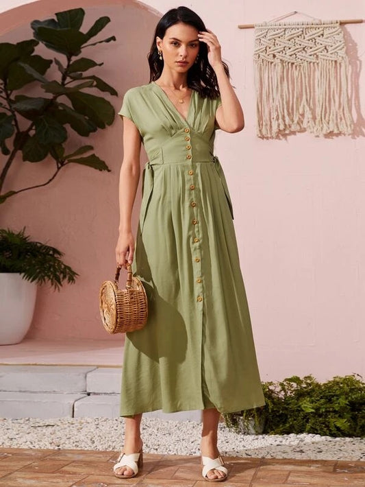 CM-DS223961 Women Casual Seoul Style Solid Tie Side Button Front Dress - Olive Green