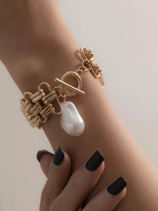 CM-AXS112145 Women Trendy Seoul Style Faux Pearl Charm Chain Bracelet - Gold