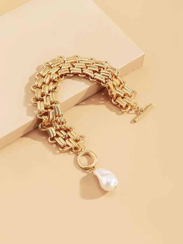 CM-AXS112145 Women Trendy Seoul Style Faux Pearl Charm Chain Bracelet - Gold