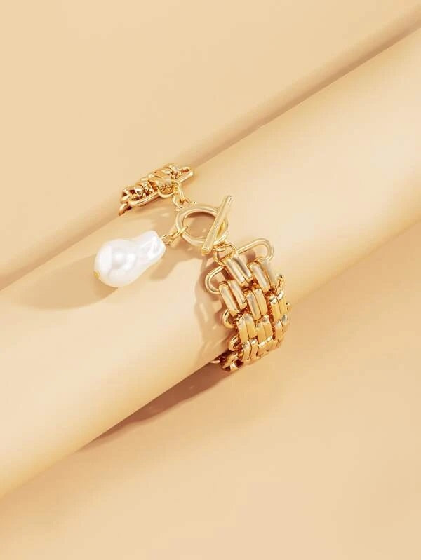 CM-AXS112145 Women Trendy Seoul Style Faux Pearl Charm Chain Bracelet - Gold