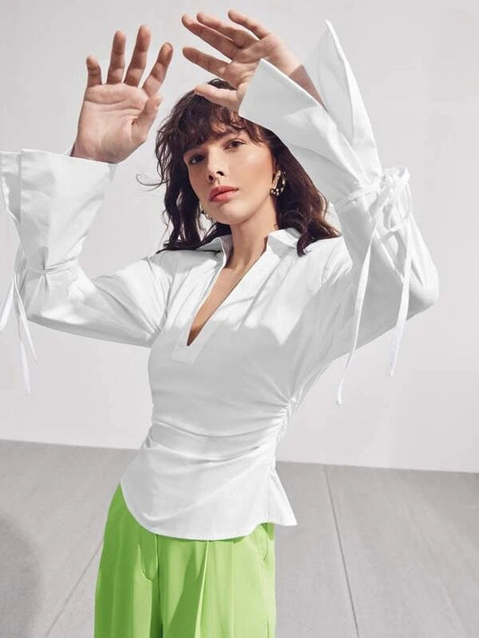 CM-TS218655 Women Casual Seoul Style Long Sleeve Knotted Cuff Ruched Detail Top - White