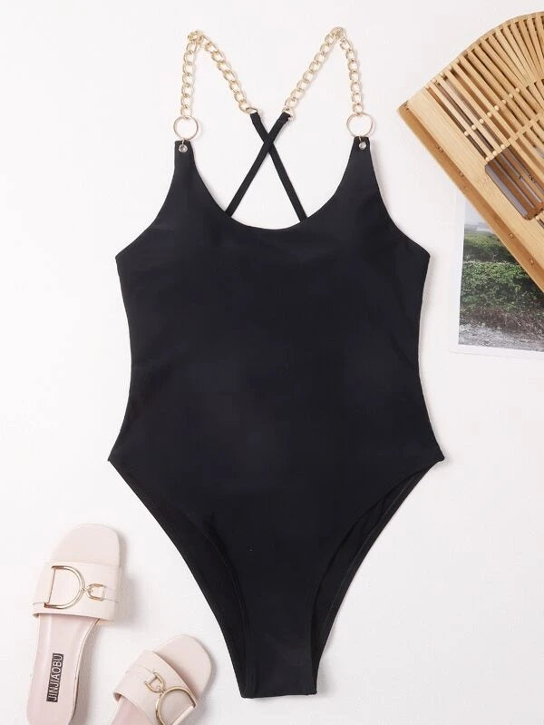 CM-SWS126552 Women Trendy Seoul Style Chain Strap One Piece Swimsuit - Black