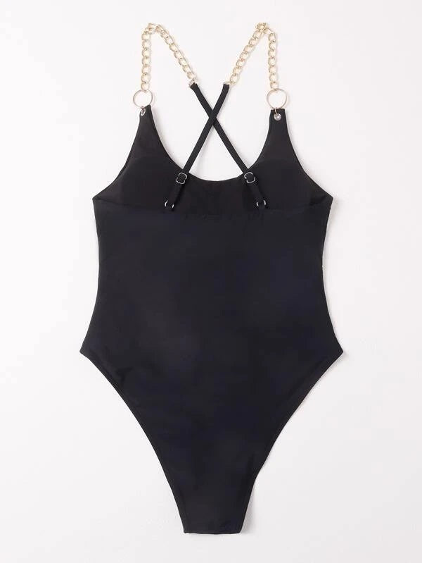 CM-SWS126552 Women Trendy Seoul Style Chain Strap One Piece Swimsuit - Black