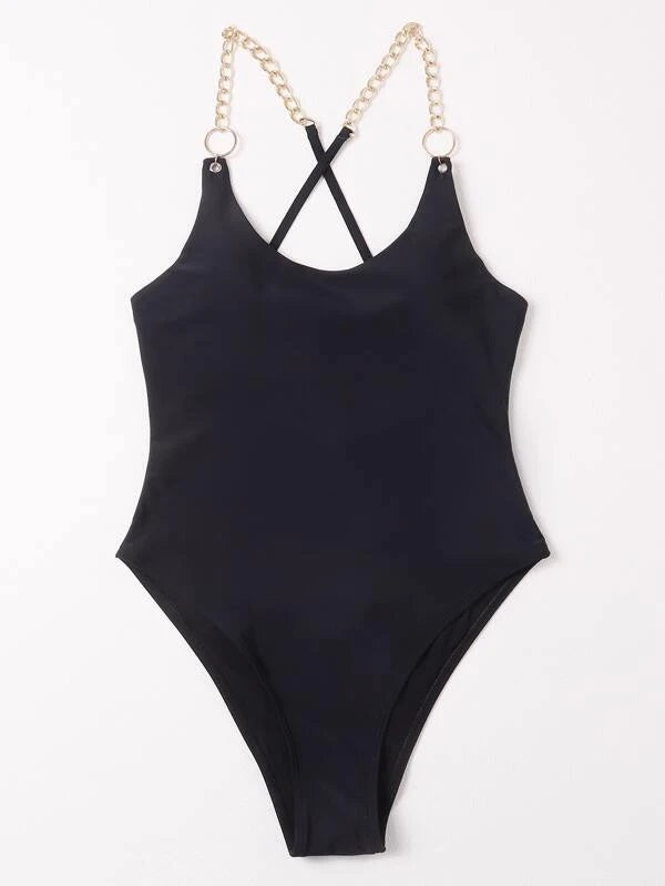 CM-SWS126552 Women Trendy Seoul Style Chain Strap One Piece Swimsuit - Black