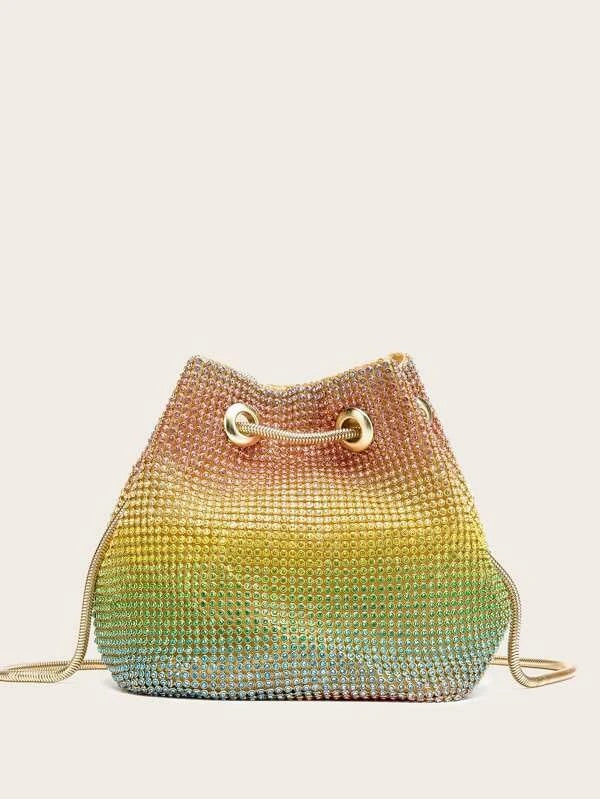CM-BGS113706 Women Trendy Seoul Style Allover Rhinestone Decor Bucket Bag
