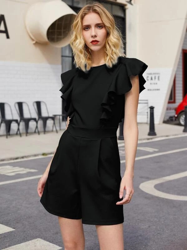 CM-JS113721 Women Elegant Seoul Style Round Neck Ruffle Trim Slant Pocket Romper - Black