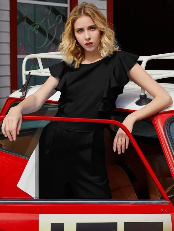 CM-JS113721 Women Elegant Seoul Style Round Neck Ruffle Trim Slant Pocket Romper - Black