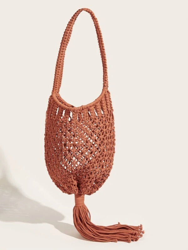 CM-BGS127033 Women Trendy Seoul Style Tassel Decor Woven Shoulder Bag