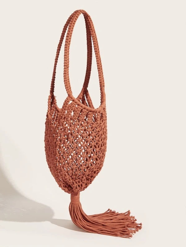 CM-BGS127033 Women Trendy Seoul Style Tassel Decor Woven Shoulder Bag