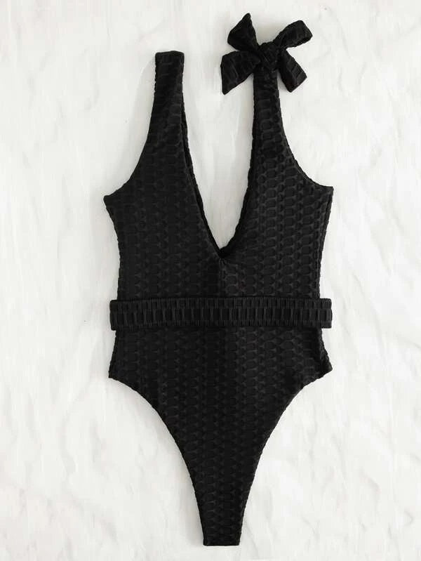CM-SWS211962 Women Trendy Seoul Style Plunging One Piece Swimsuit With Belt - Black