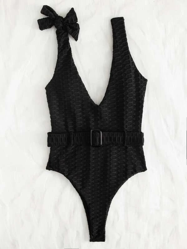 CM-SWS211962 Women Trendy Seoul Style Plunging One Piece Swimsuit With Belt - Black