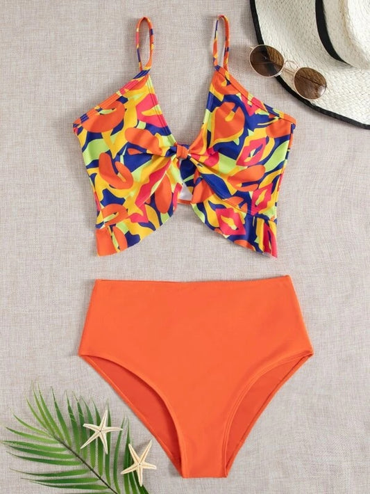 CM-SWS208082 Women Trendy Seoul Style Graphic Ruffle Hem Bikini Swimsuit