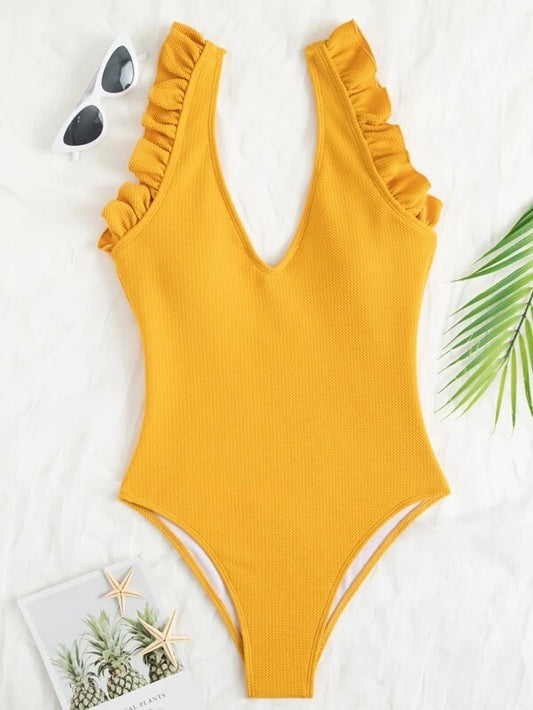 CM-SWS207987 Women Trendy Seoul Style Frill Trim One Piece Swimsuit - Yellow