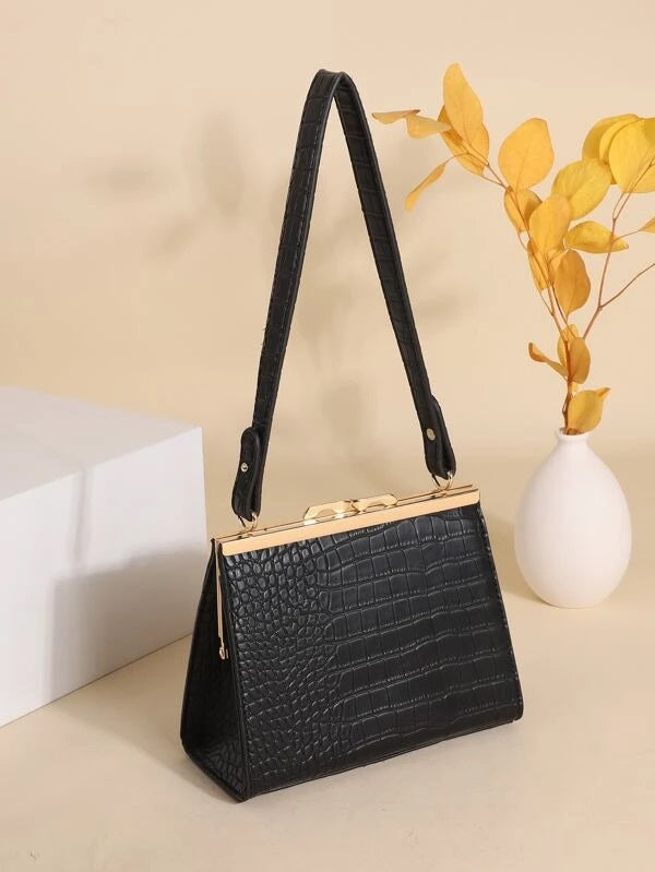 CM-BGS115892 Women Trendy Seoul Style Metal Lock Croc Embossed Shoulder Bag