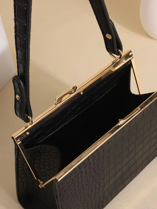 CM-BGS115892 Women Trendy Seoul Style Metal Lock Croc Embossed Shoulder Bag