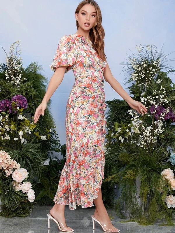 CM-DS124463 Women Elegant Seoul Style One Shoulder Puff Sleeve Asymmetrical Ruffle Hem Floral Dress