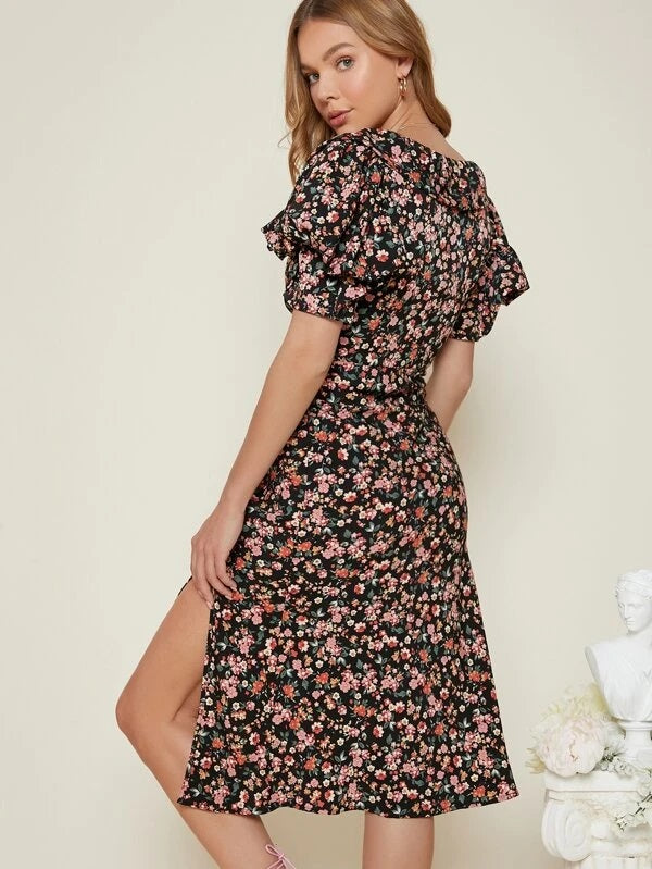 CM-DS130173 Women Casual Seoul Style Ditsy Floral Ruched Bodice Puff Sleeve Mini Dress