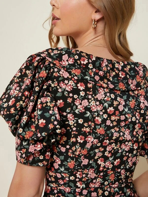 CM-DS130173 Women Casual Seoul Style Ditsy Floral Ruched Bodice Puff Sleeve Mini Dress