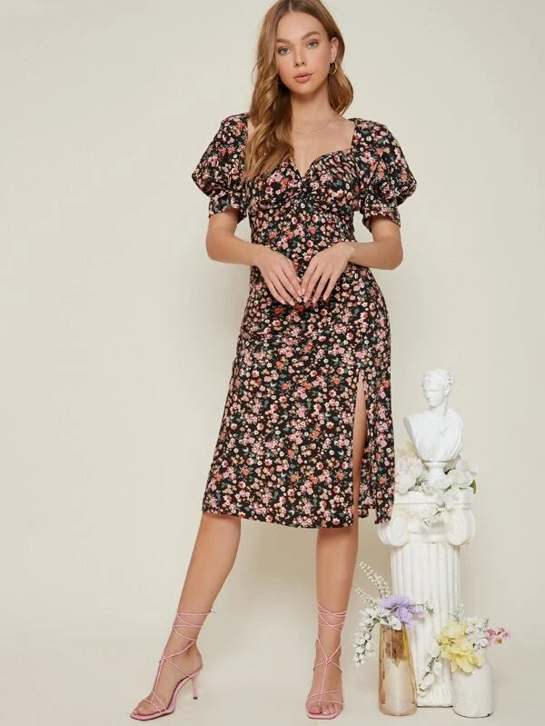CM-DS130173 Women Casual Seoul Style Ditsy Floral Ruched Bodice Puff Sleeve Mini Dress