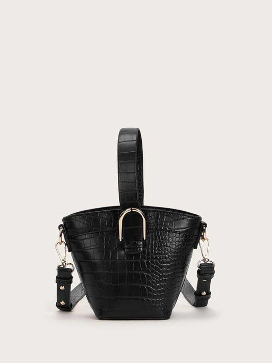 CM-BGS114670 Women Trendy Seoul Style Croc Embossed Bucket Bag - Black