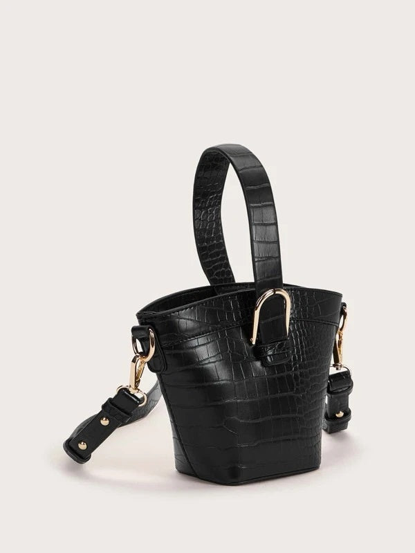 CM-BGS114670 Women Trendy Seoul Style Croc Embossed Bucket Bag - Black