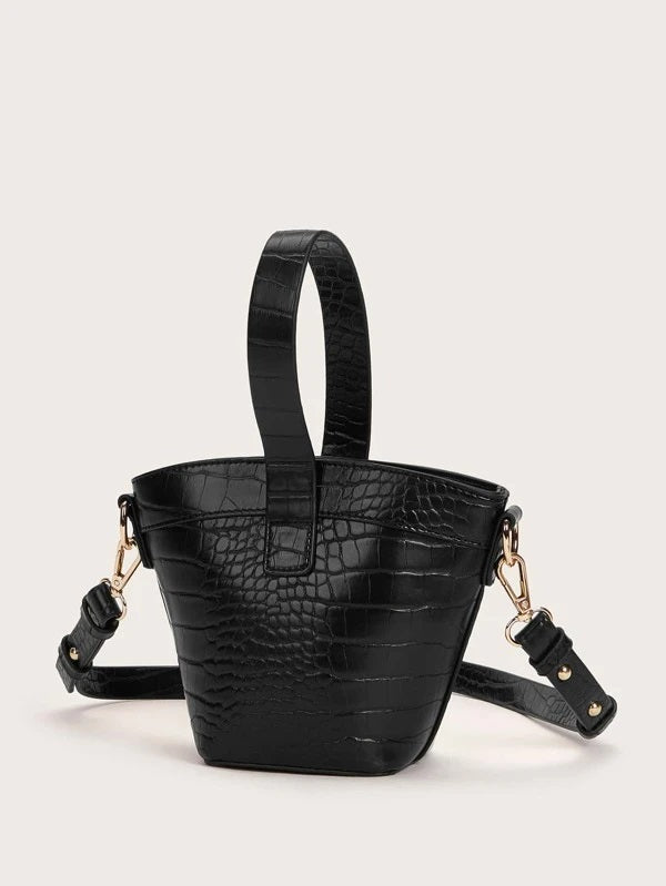 CM-BGS114670 Women Trendy Seoul Style Croc Embossed Bucket Bag - Black