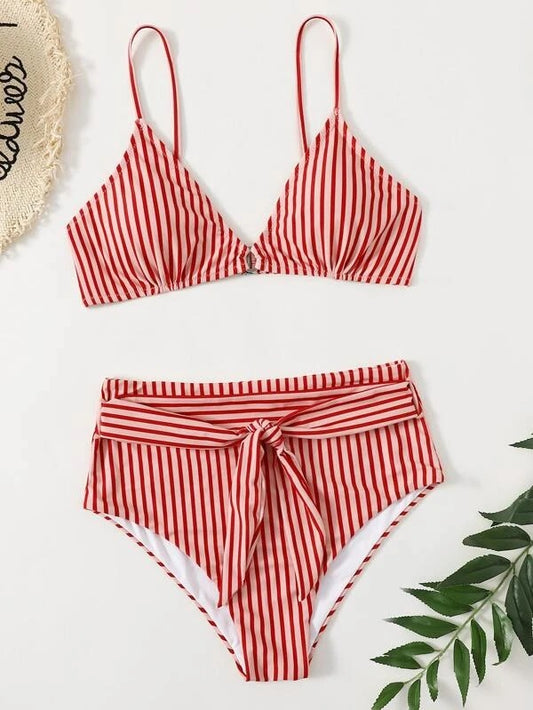 CM-SWS112310 Women Trendy Seoul Style Striped Knot Front Bikini Swimsuit - Red