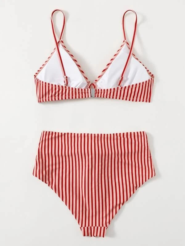 CM-SWS112310 Women Trendy Seoul Style Striped Knot Front Bikini Swimsuit - Red