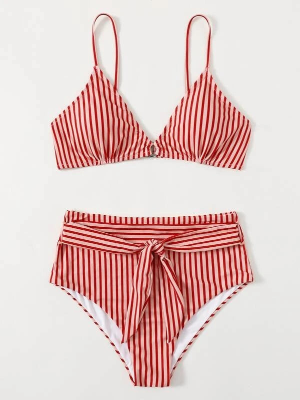 CM-SWS112310 Women Trendy Seoul Style Striped Knot Front Bikini Swimsuit - Red