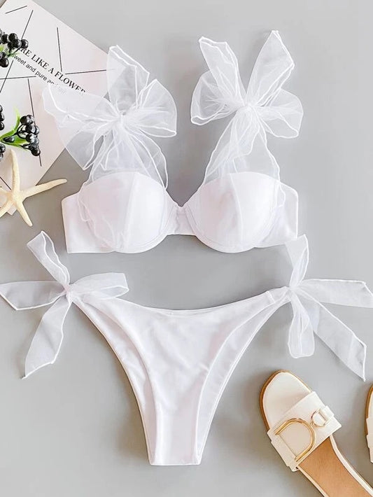 CM-SWS108358 Women Trendy Seoul Style Self Tie Underwire Bikini Swimsuit - White
