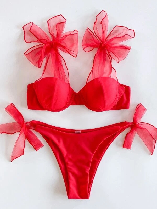 CM-SWS108368 Women Trendy Seoul Style Self Tie Underwire Bikini Swimsuit - Red