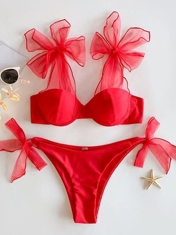 CM-SWS108368 Women Trendy Seoul Style Self Tie Underwire Bikini Swimsuit - Red